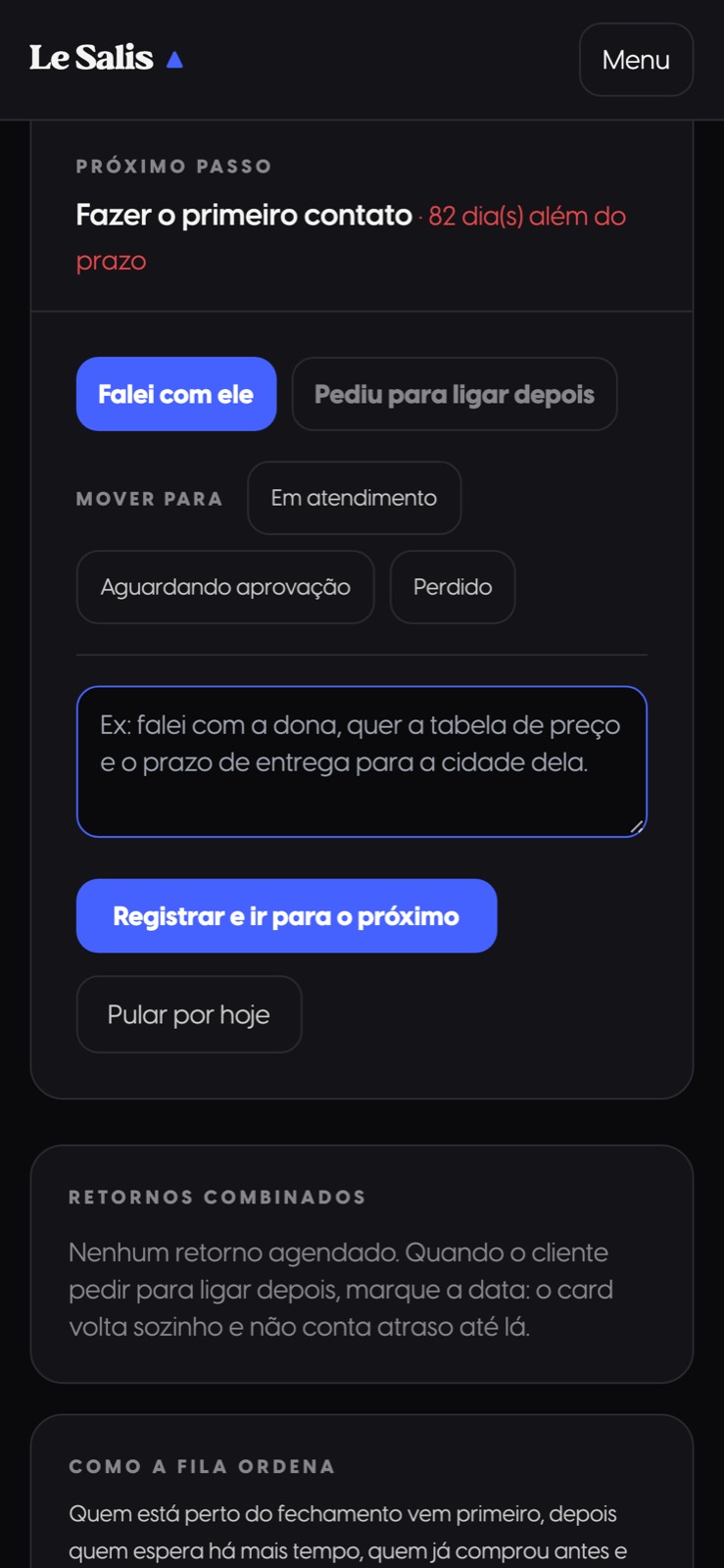 A fila do CRM aberta no celular