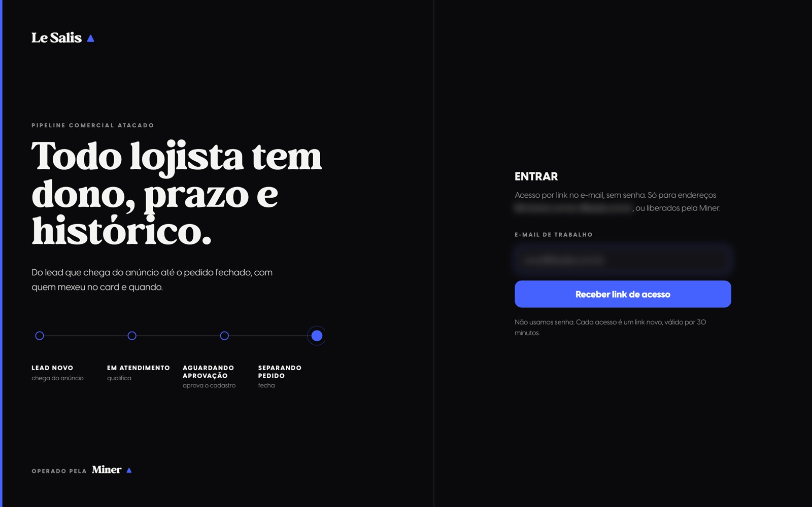 Tela de entrada do CRM da Le Salis, com o campo de e-mail de trabalho