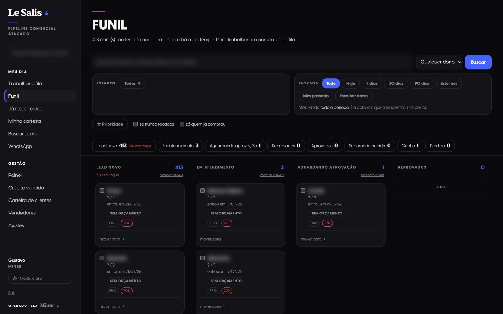 Quadro do funil do CRM com as colunas por etapa e os cards das lojas