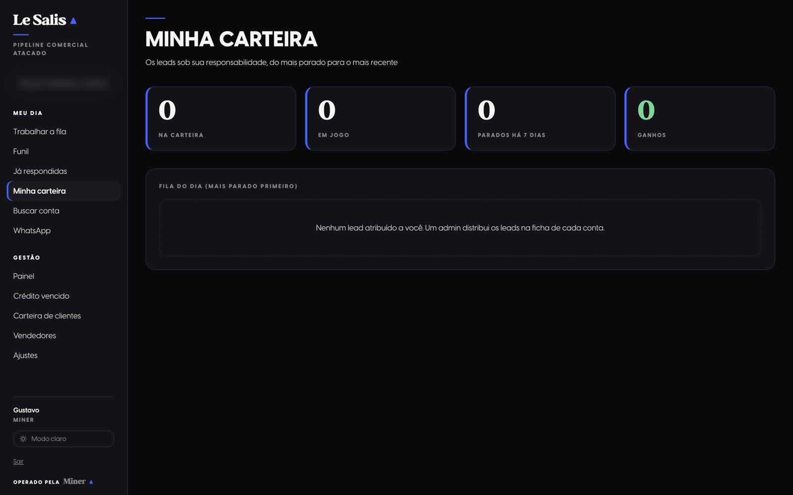 Tela Minha carteira do CRM, hoje vazia porque nenhum lead tem dono