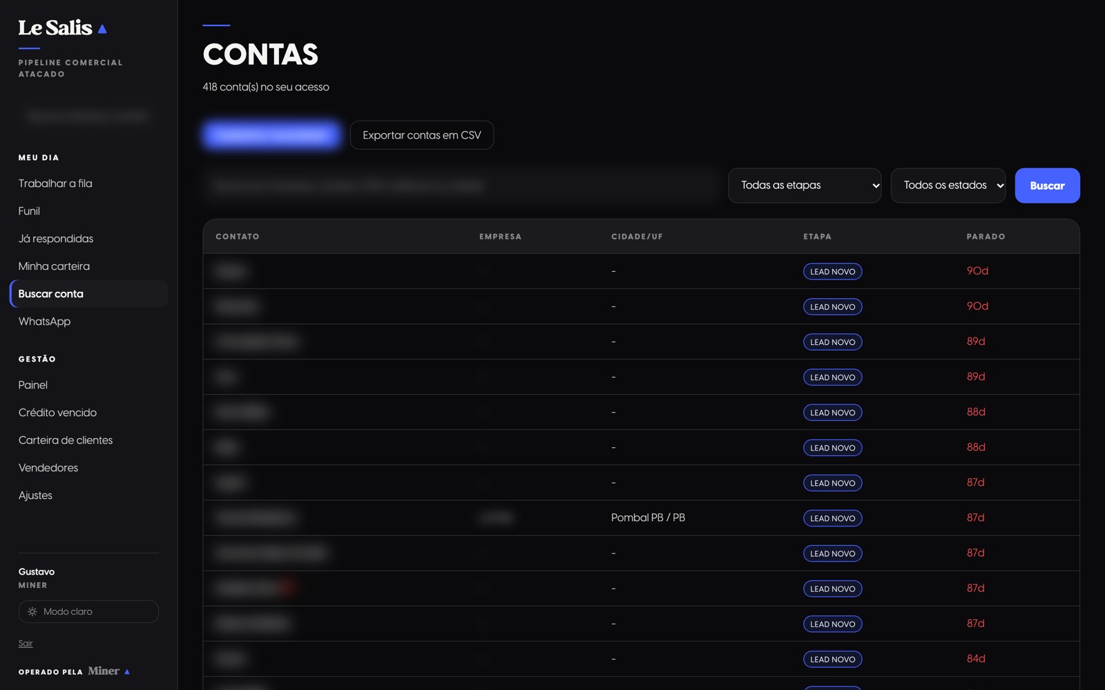 Tela Buscar conta do CRM, com a lista paginada e os filtros por etapa e estado