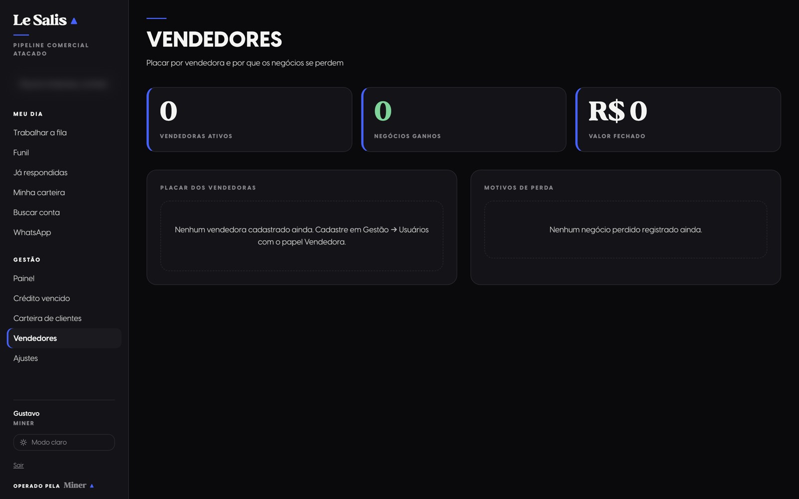 Tela Vendedores do CRM, vazia