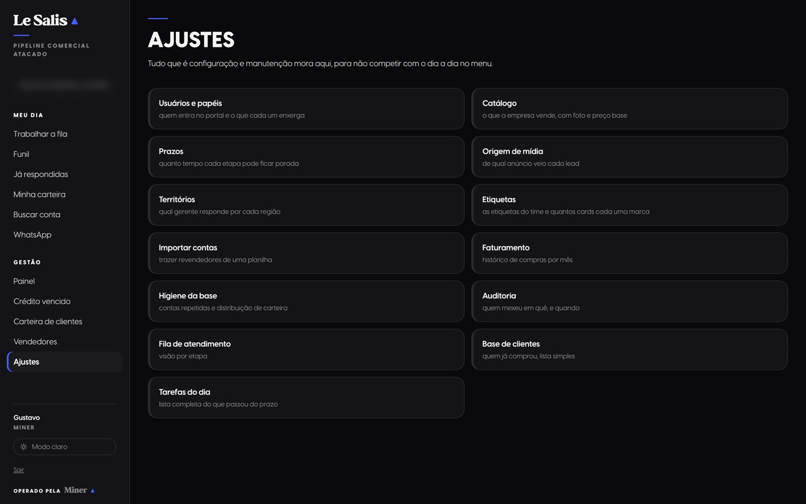 Tela de Ajustes do CRM com os atalhos de configuração