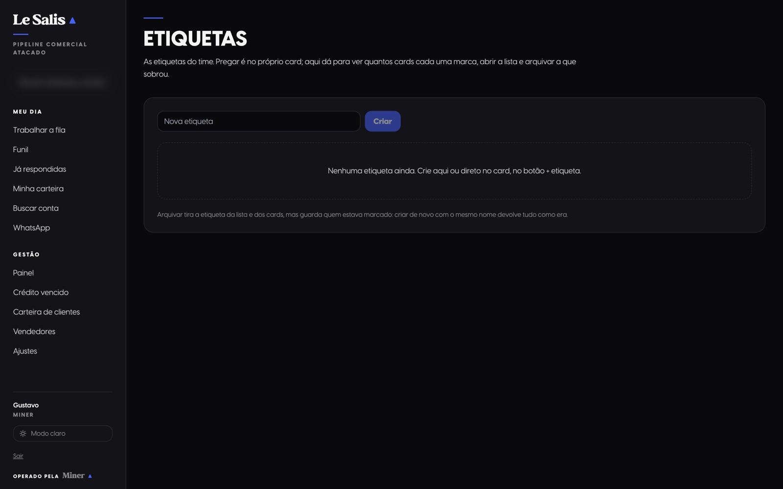 Tela de etiquetas do CRM, ainda sem nenhuma criada
