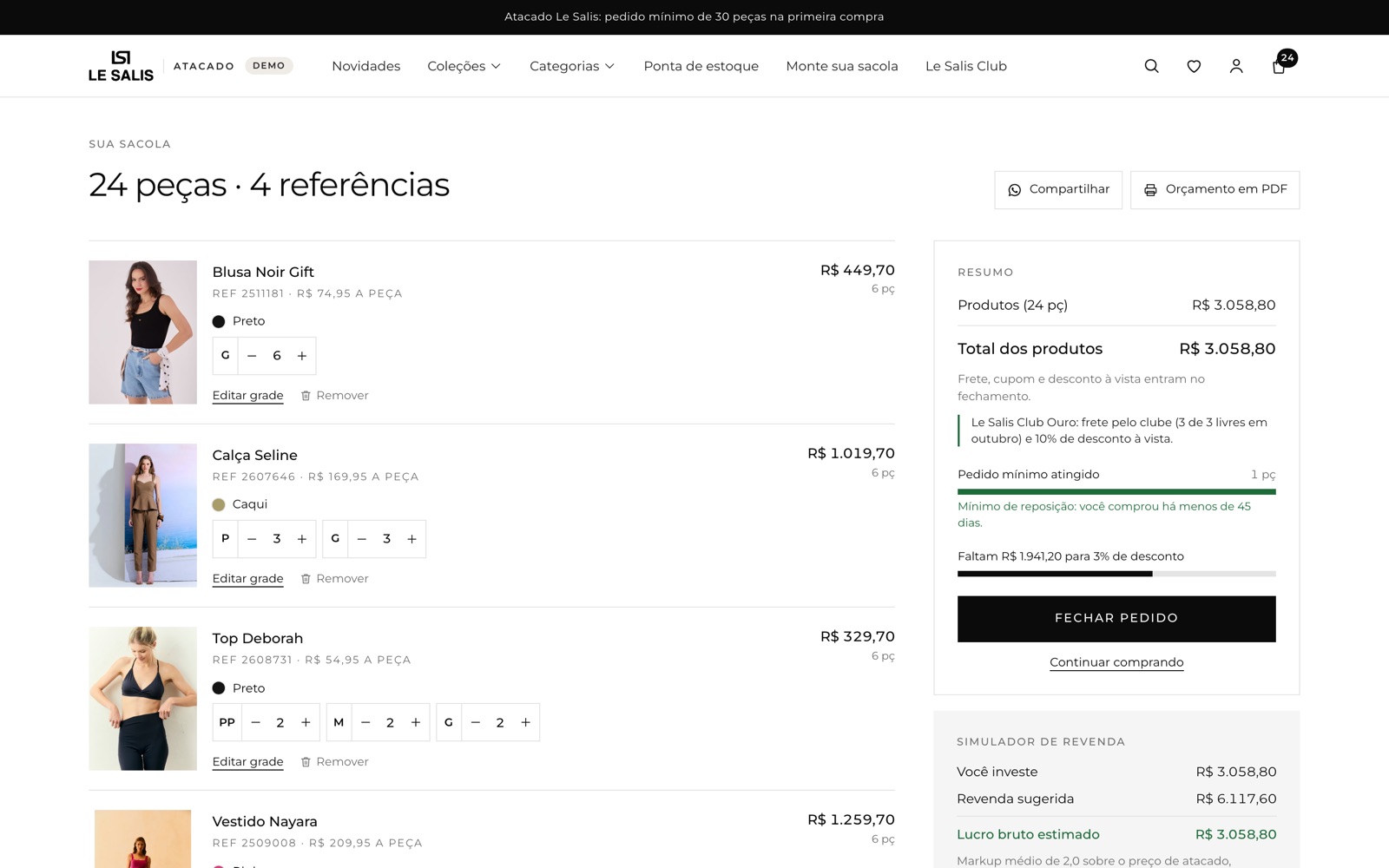 Sacola do portal com as peças escolhidas e os totais