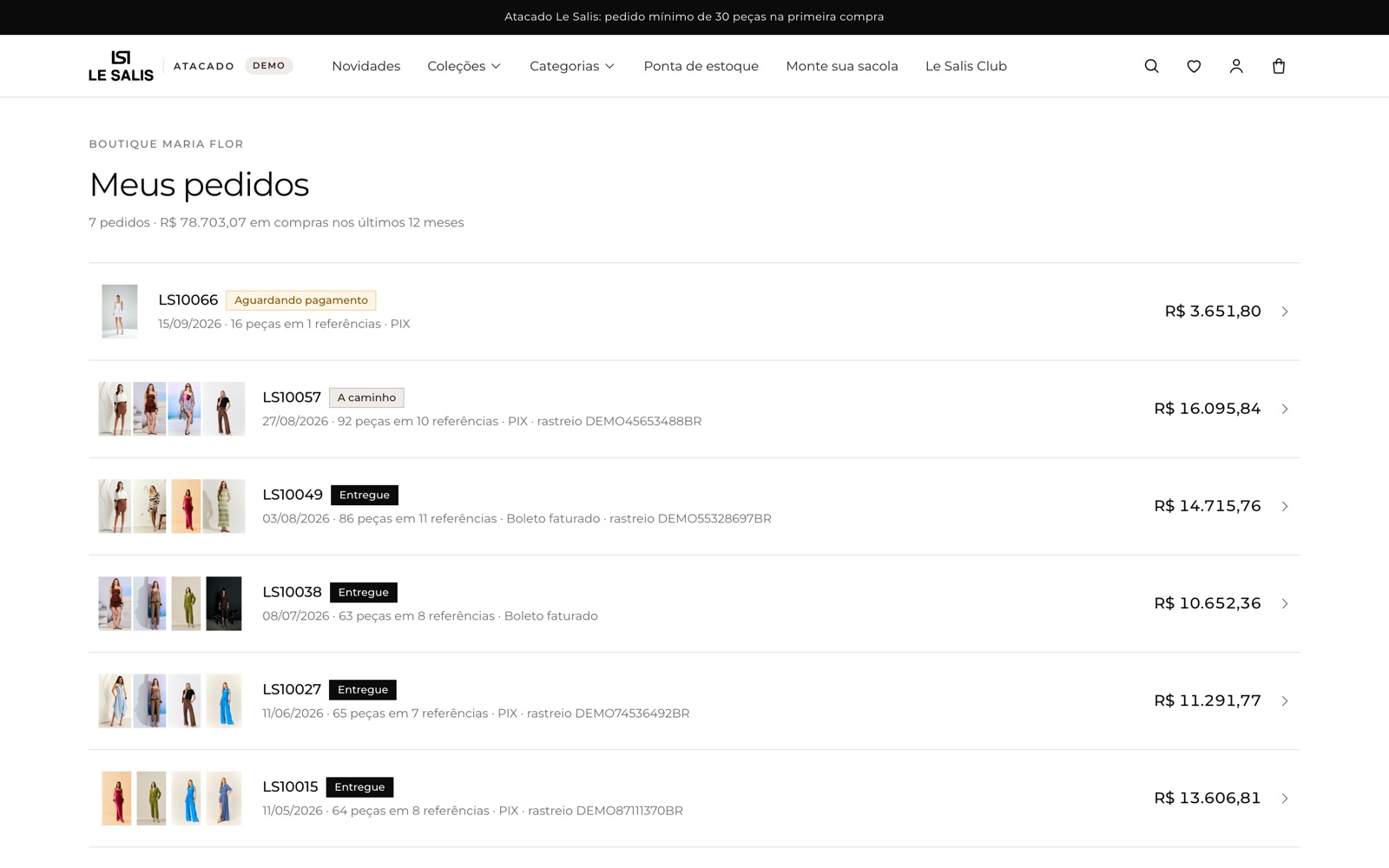 Lista de pedidos da lojista com status e valores