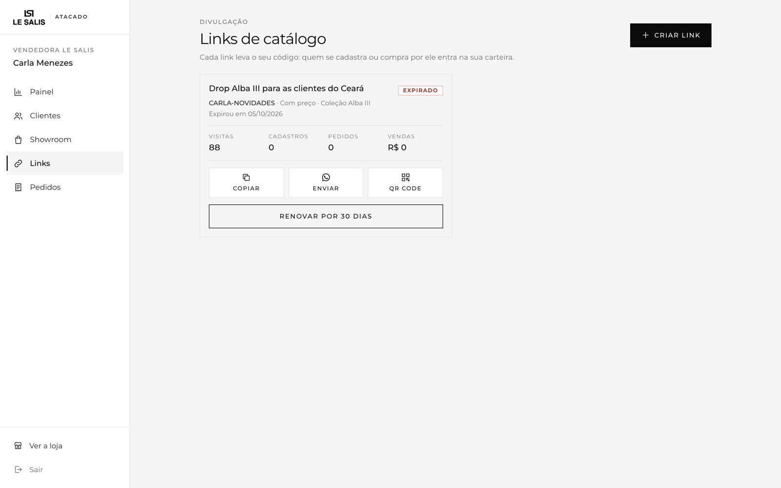Tela de links de catálogo da vendedora, com visitas e cadastros