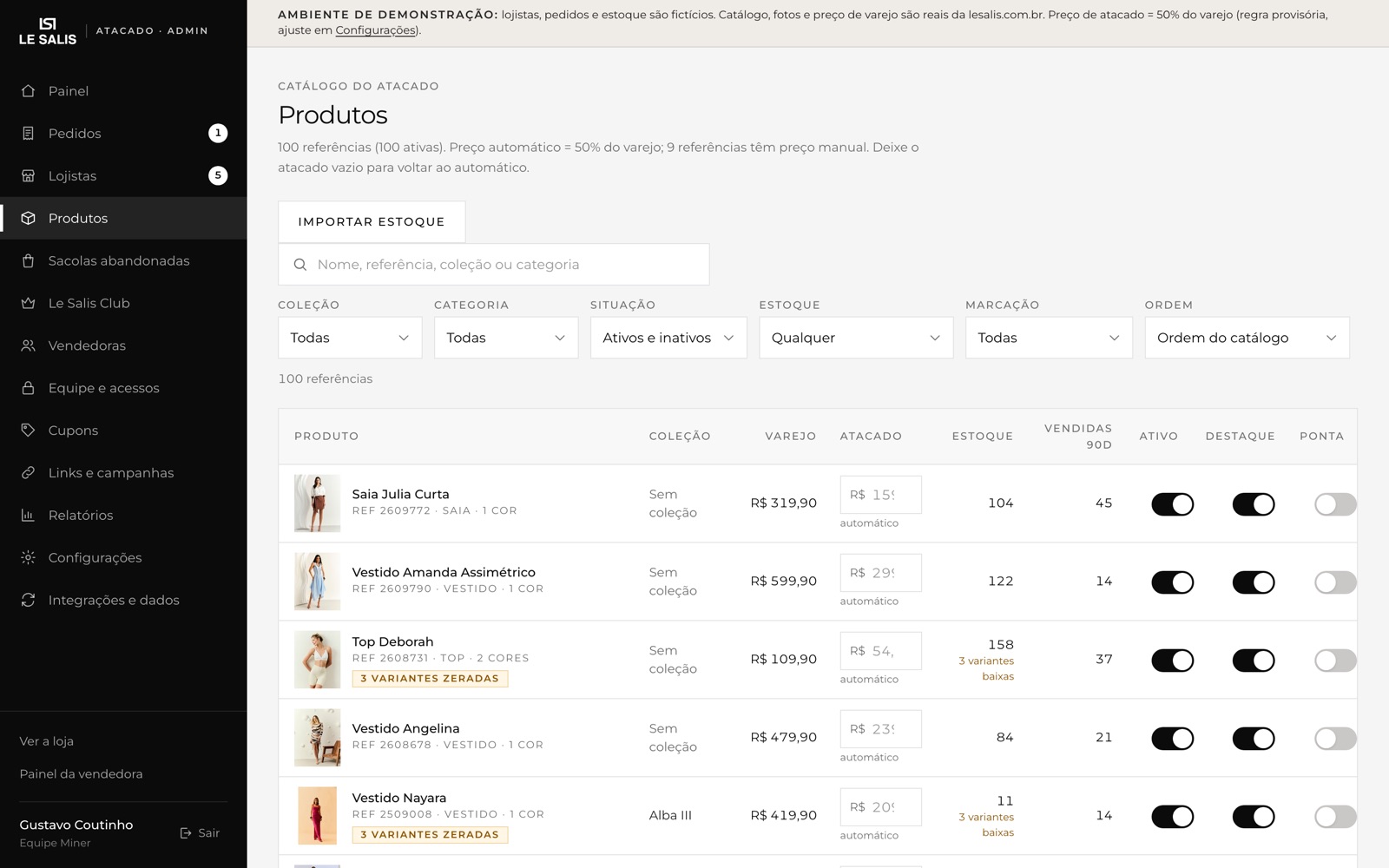 Tela de produtos do admin, com preço de atacado editável e o botão de importar estoque
