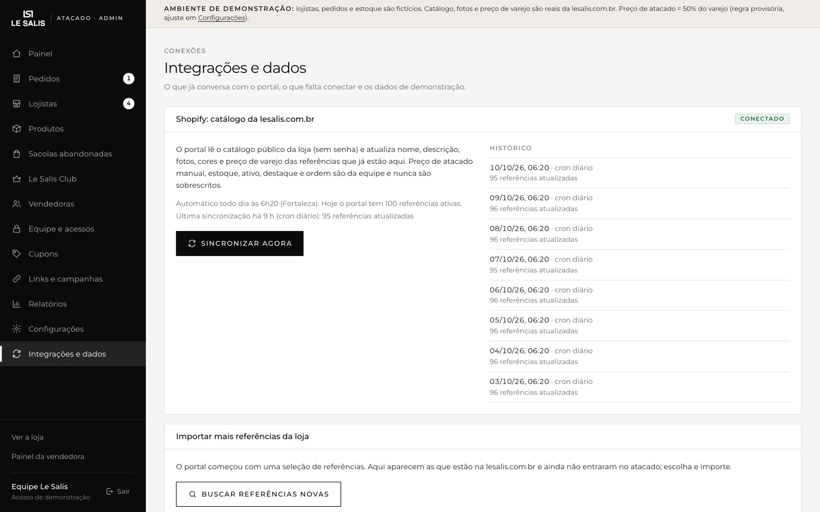 Tela de integrações e dados do admin, com o histórico da sincronização